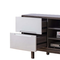 Dual Tone Wooden Tv Stand with Two Drawers and Four Open Shelves, Gray and White