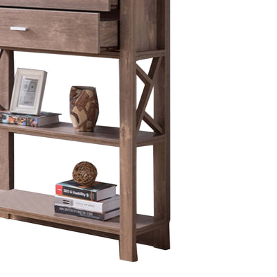 Wooden Bookcase with Four Open Shelves and Two Drawers, Brown