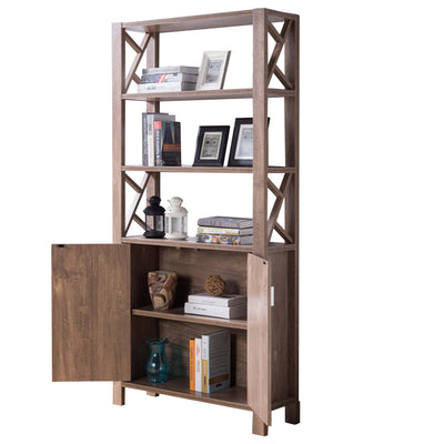 Spacious Wooden Bookcase with Three Open Shelves and Double Boor Cabinet, Brown