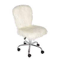 Faux Fur Upholstered Office Chair with Caster Wheels, White and Silver