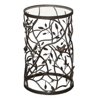 Glass Top Iron Accent Table with Bird and Branch Motif, Brown and Clear