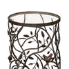 Glass Top Iron Accent Table with Bird and Branch Motif, Brown and Clear