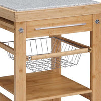 Spacious Wooden Kitchen Island with Granite Inlaid Top,Gray and Brown