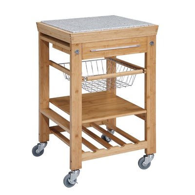 Spacious Wooden Kitchen Island with Granite Inlaid Top,Gray and Brown