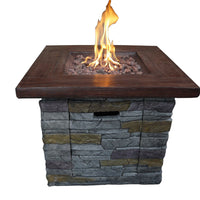 Square Wood Look Gas Fire Pit with Stone Cladding, Gray and Brown