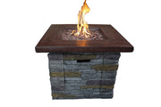 Square Wood Look Gas Fire Pit with Stone Cladding, Gray and Brown
