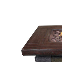 Square Wood Look Gas Fire Pit with Stone Cladding, Gray and Brown