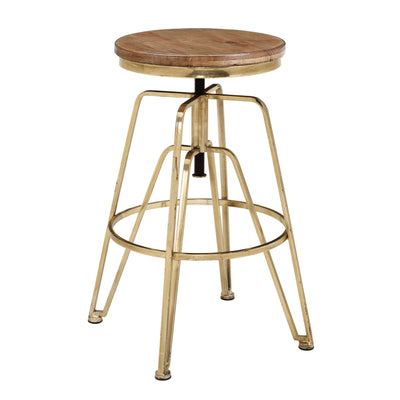 Modern Metal Stool with Adjustable Wooden Seat, Brown and Gold