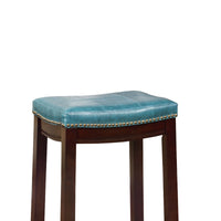 Wooden Bar Stool with Faux Leather Upholstery, Blue and Brown