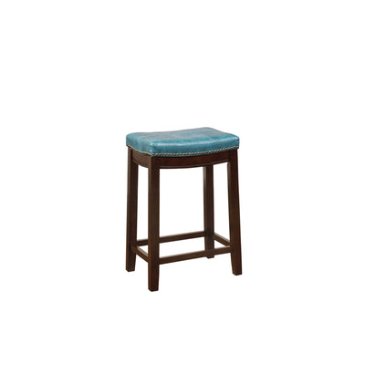 Wooden Counter Stool with Faux Leather Upholstery, Blue and Brown