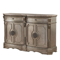 Traditional Style Wooden Server with Two Drawers and Marble Top, Champagne Brown
