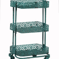 3 Tier Spacious Metal Cart with Pierced Floral Design, Blue