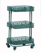 3 Tier Spacious Metal Cart with Pierced Floral Design, Blue