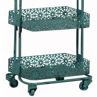 3 Tier Spacious Metal Cart with Pierced Floral Design, Blue