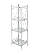 Transitional Metal Four Tier Shelf with X Shape Frame,Silver and Clear