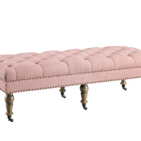 62 Inch Button Tufted Bench with Caster Wheels, Brown and Pink