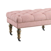 62 Inch Button Tufted Bench with Caster Wheels, Brown and Pink