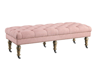 62 Inch Button Tufted Bench with Caster Wheels, Brown and Pink