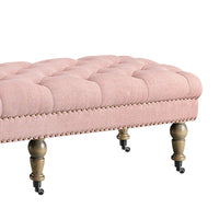 62 Inch Button Tufted Bench with Caster Wheels, Brown and Pink