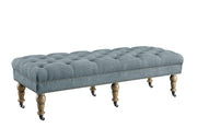 62 Inch Button Tufted Bench with Caster Wheels, Brown and Blue