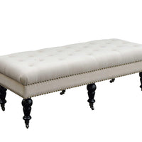50 Inch Button Tufted Bench with Caster Wheels, Black and Beige