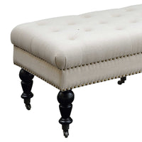 50 Inch Button Tufted Bench with Caster Wheels, Black and Beige