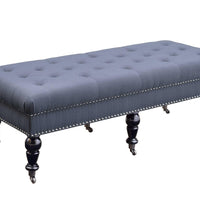 50 Inch Button Tufted Bench with Caster Wheels, Black and Blue