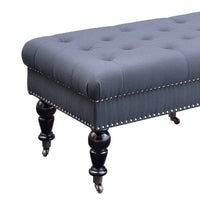 50 Inch Button Tufted Bench with Caster Wheels, Black and Blue