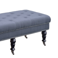 50 Inch Button Tufted Bench with Caster Wheels, Black and Blue