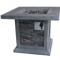 Wood Look Outdoor Gas Fire Pit with Stone Cladding and Lava Rocks,Gray