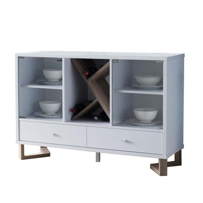 Wooden Buffet with Two Glass Paned Door and Four Interior Shelves, White and Brown