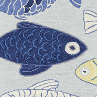 8' Light Blue Hand Hooked Oversized Sea Of Fish Indoor Runner Rug