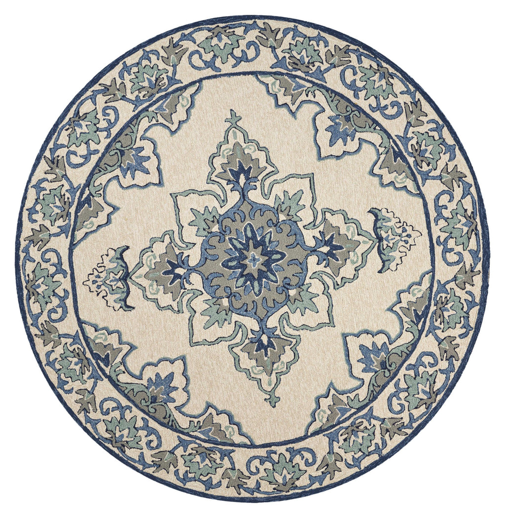 7'6" Round UV-treated Polypropelene Ivory-Blue Area Rug