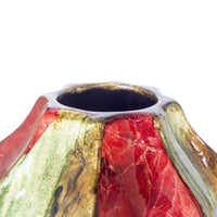10" X 10" X 18" Red Green Bronze Ceramic Foiled & Lacquered Ridged Gourd Vase