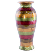 9" X 9" X 21" Green Red Brown Copper Ceramic Striped & Lacquered Vase