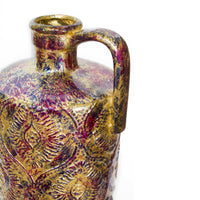 8" X 8" X 15" Amber Pink Purple Ceramic Foiled & Lacquered Damask Stamped Jug Vase