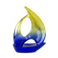 10" X 4" X 12" Yellow Blue Ceramic Ombre Small Sailboat  Sculpture