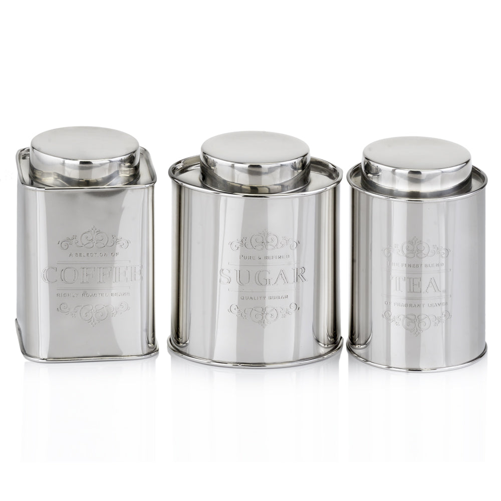 4"x 4"x 6" Silver Coffee Tea & Sugar Canisters - Set of 3