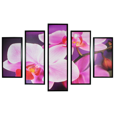 5 Piece Contemporary Floral Print Wooden Wall Decor,Pink and Black