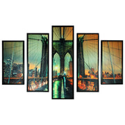 5 Piece Contemporary Wooden Wall Decor with Bridge Imprint, Multicolor