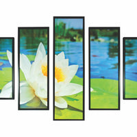 5 Piece Wood Wall Decor with Lotus Flower and Lake Imprint,Multicolor