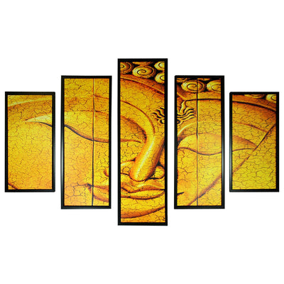 5 Piece Wood Wall Decor with Sleeping Buddha Print, Yellow and Black