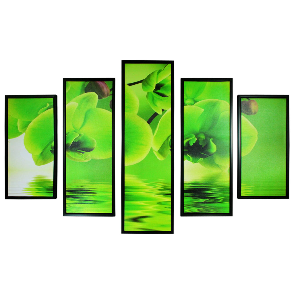 5 Piece Wooden Wall Decor with Floral Imprint, Green and Black