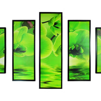 5 Piece Wooden Wall Decor with Floral Imprint, Green and Black