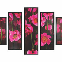 5 Piece Wooden Wall Decor with Floral Print, Pink and Black