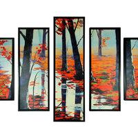 5 Piece Wooden Wall Decor with Maple Tree in Autumn Sketch, Multicolor