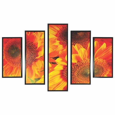 5 Piece Wooden Wall Decor with Sun Flower Imprint, Yellow and Black