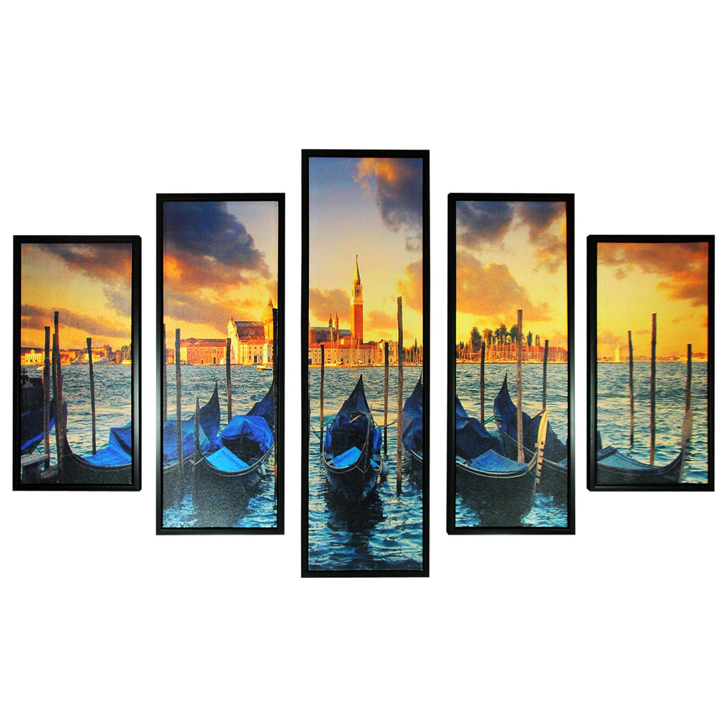 5 Piece Wooden Wall Decor with Venice City Coast Painting, Multicolor
