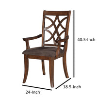 Wooden Arm Chair with Fabric Padded Seat and Lattice Design Backrest, Brown, Set of Two