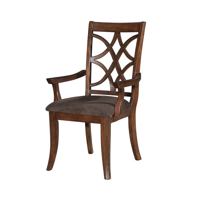 Wooden Arm Chair with Fabric Padded Seat and Lattice Design Backrest, Brown, Set of Two